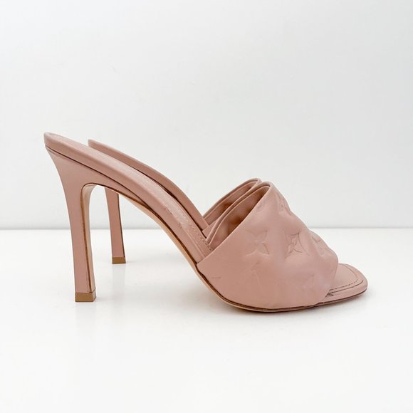 Louis Vuitton Revival Mule Monogram Heel Padded Heels Sandals Natural Nude Beige - Picture 3 of 16
